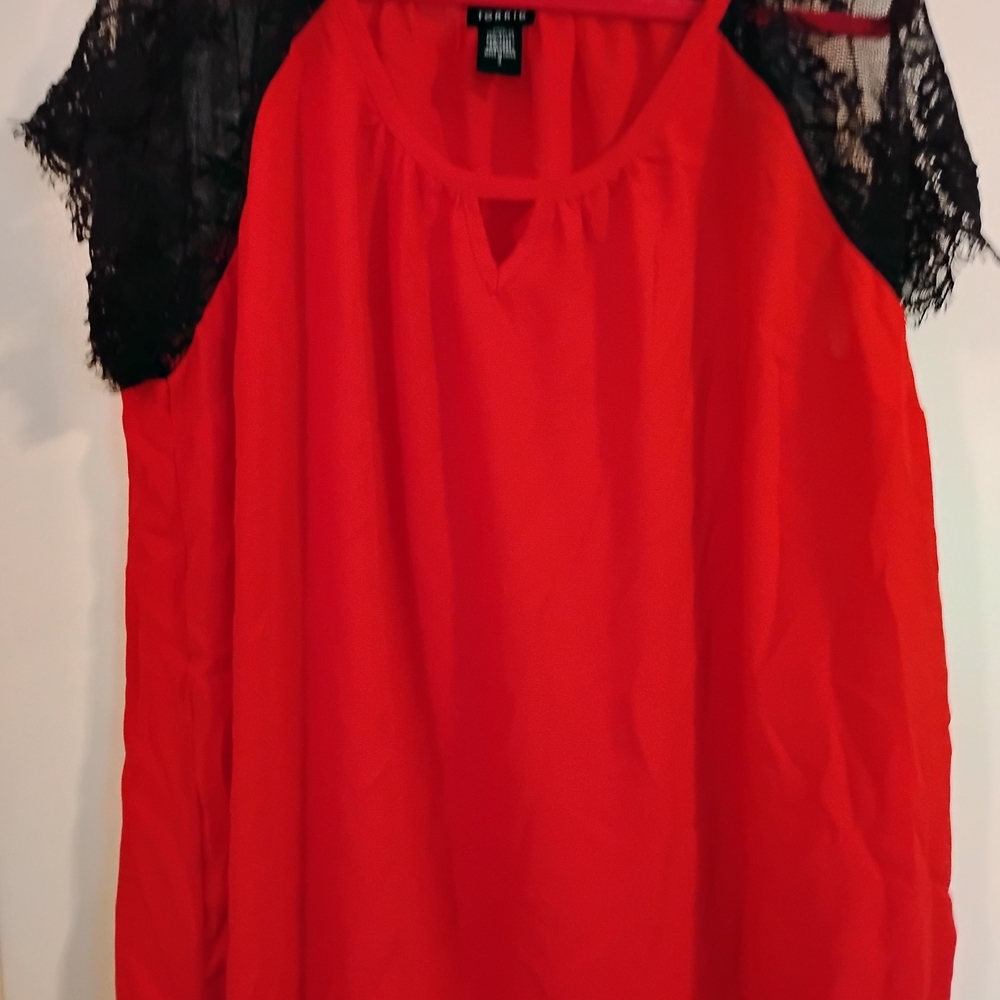 Torrid Vibrant Red Blouse with Black Lace Accents